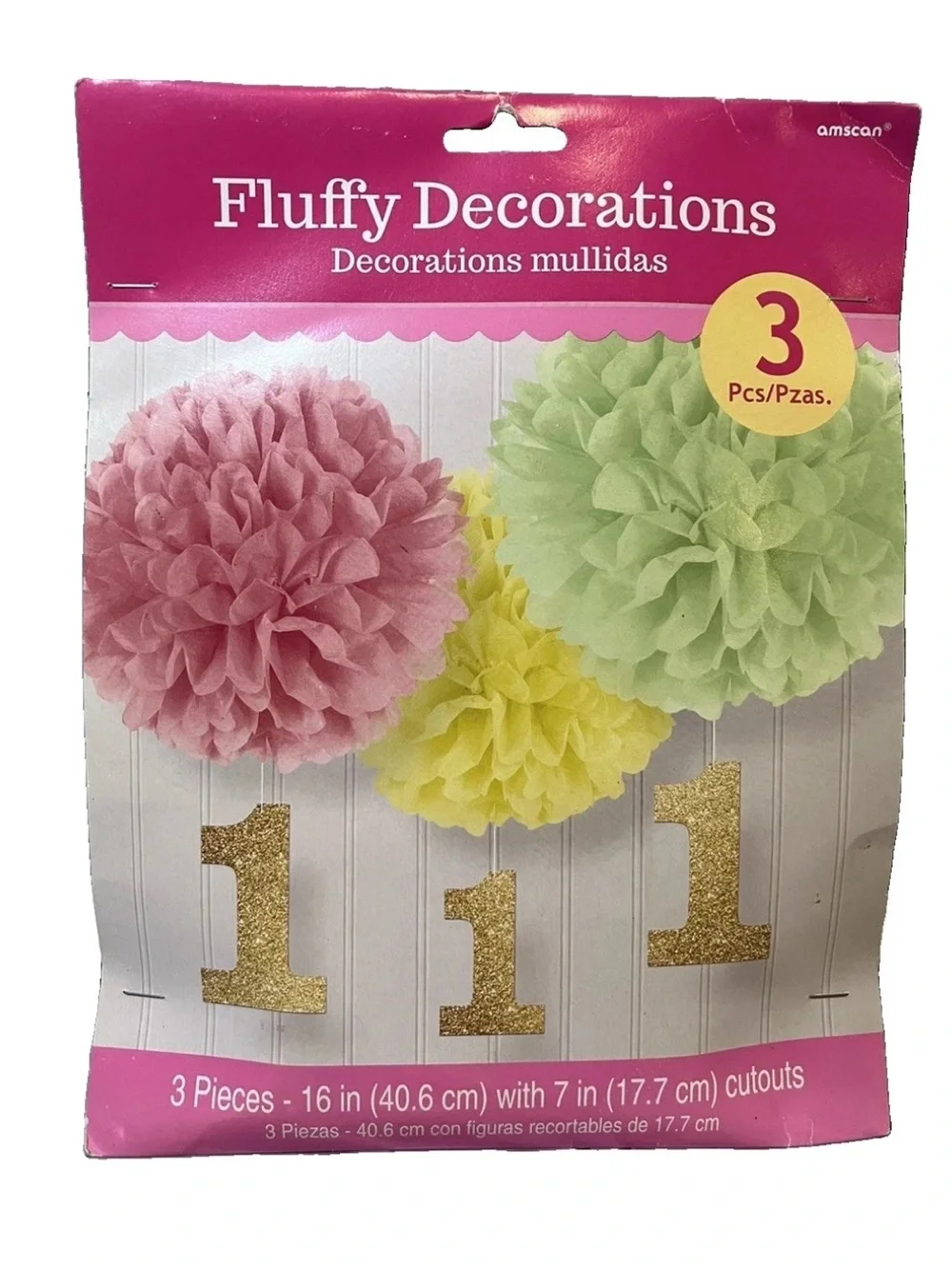 1st Birthday girl boy 3pcs Fluffy Decorations 16” Pom poms glitter gold number 1